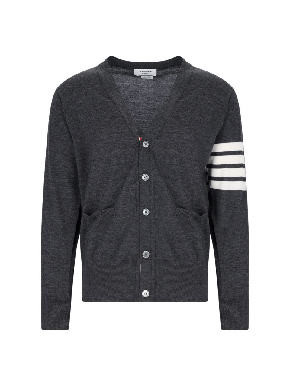 Thom Browne Iconic V-Neck Cardigan In Grey Wool With Signature Stripes Grijs