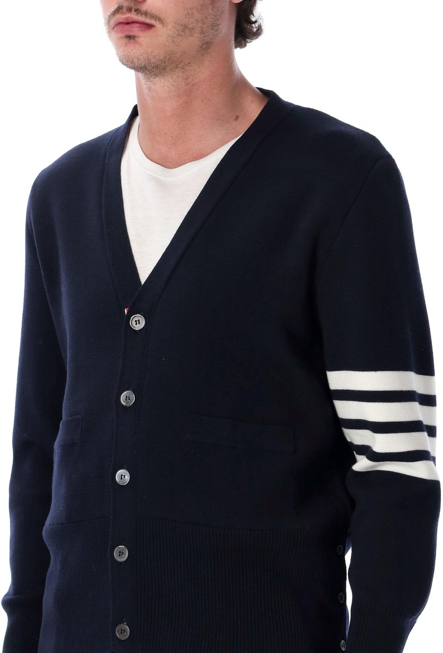 Thom Browne Milano Stitch V Neck Cardigan W/ 4 Bar I Blu Navy