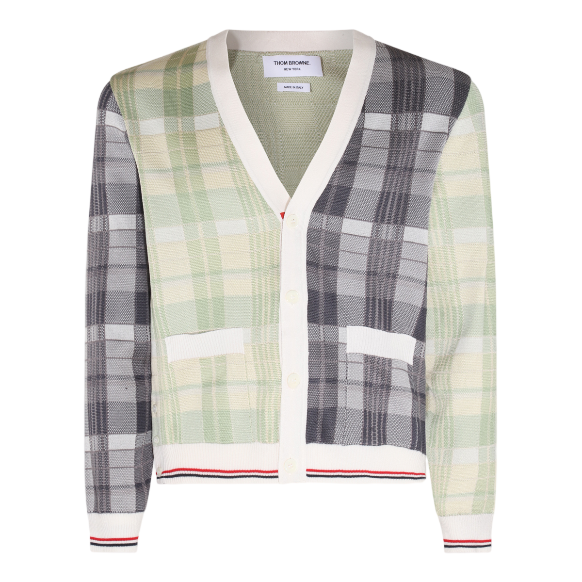 Thom Browne Patchwork Plaid Cardigan With Contrasting Stripes Grijs