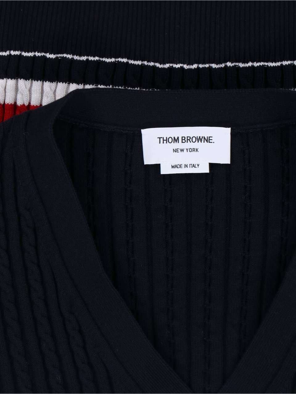 Thom Browne Navy Blue Knitted Cotton V-Neck Cardigan Blauw