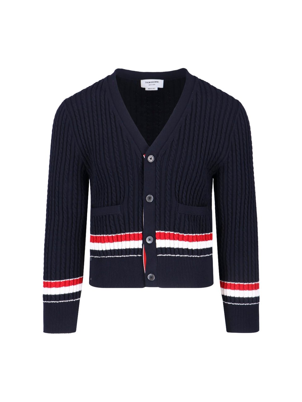 Thom Browne Navy Blue Knitted Cotton V-Neck Cardigan Blauw