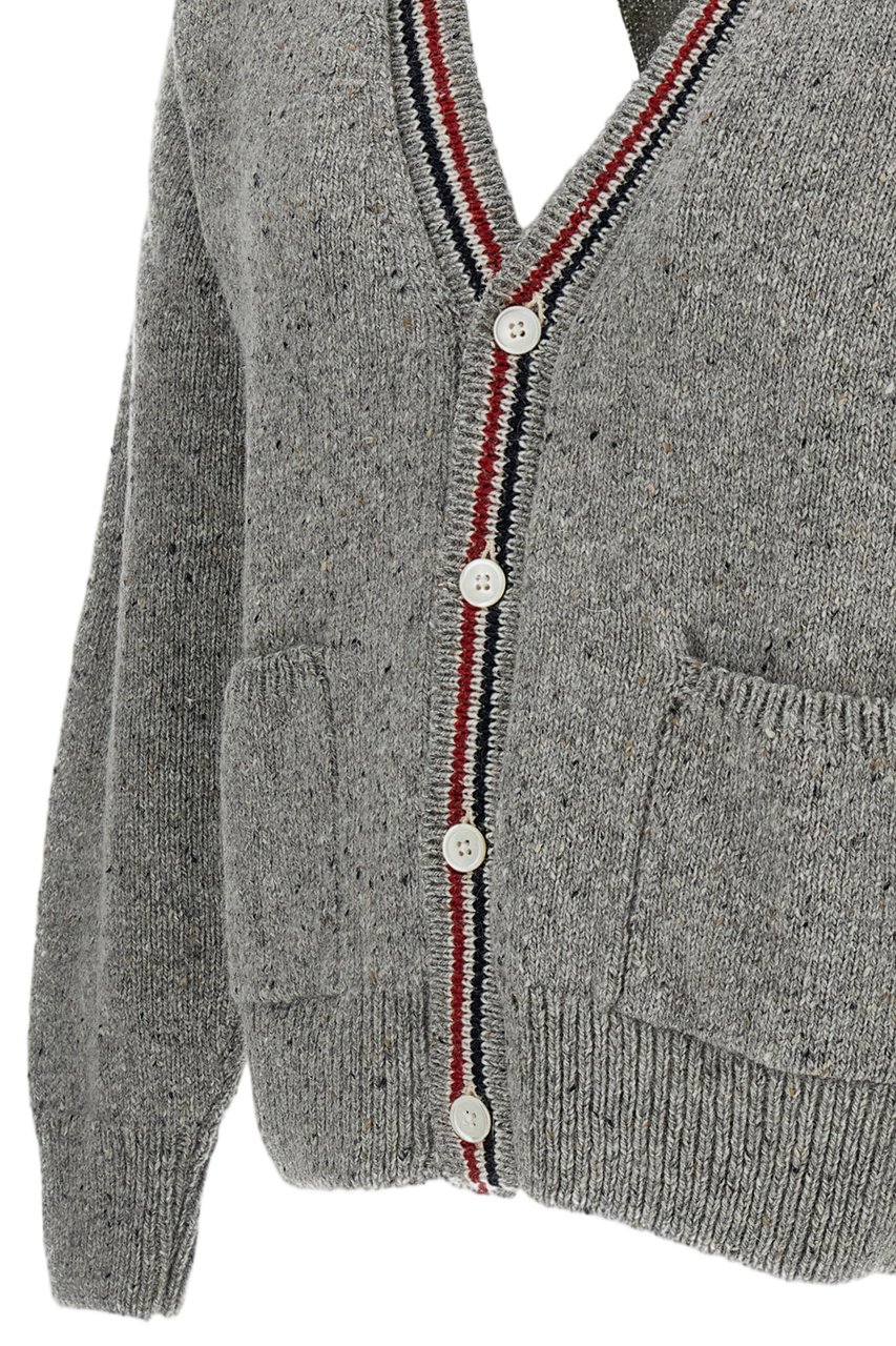 Thom Browne Donegal Yarn Cardigan with RWB Intarsia and Patchwork Detail Grijs