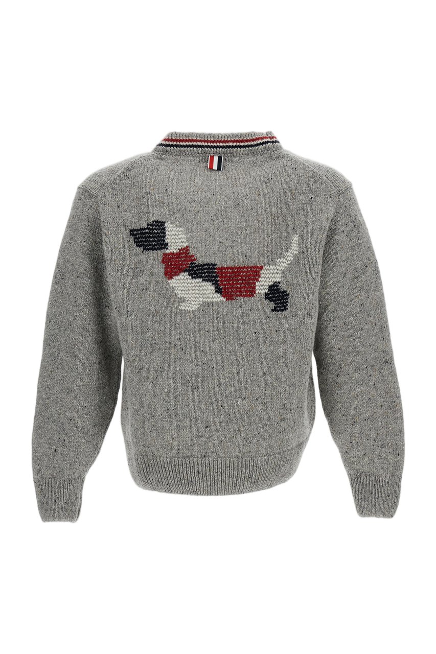 Thom Browne Donegal Yarn Cardigan with RWB Intarsia and Patchwork Detail Grijs