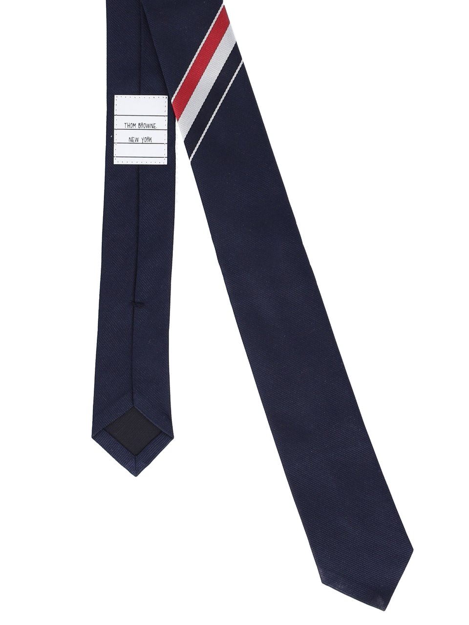 Thom Browne Navy Silk Tie with Tricolor Stripe Detail Blauw