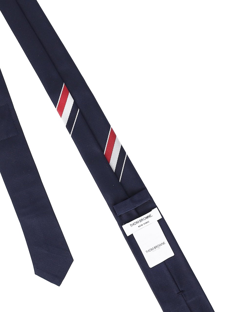 Thom Browne Navy Silk Tie with Tricolor Stripe Detail Blauw