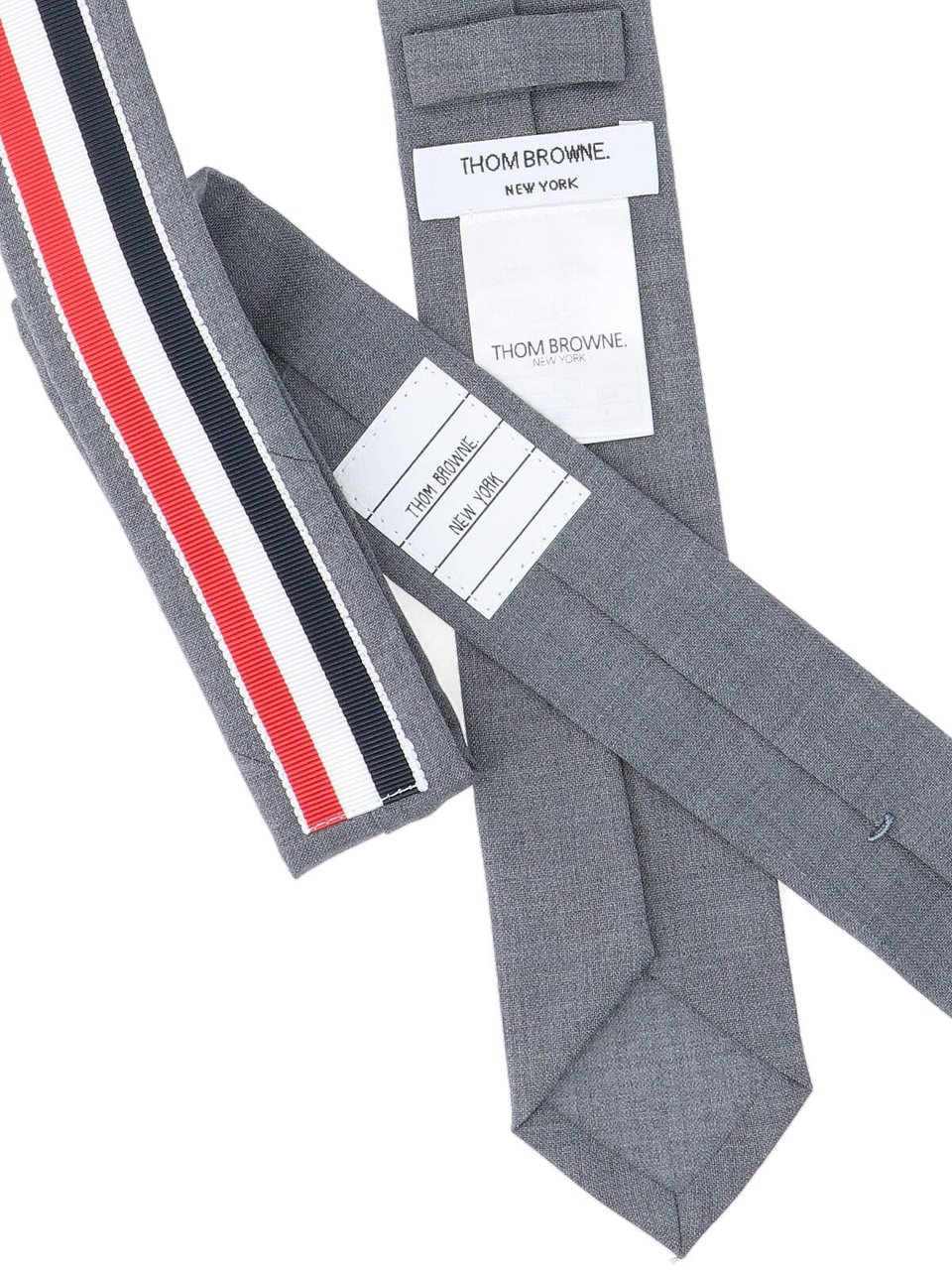 Thom Browne Adjustable Slim Wool Tie with Iconic Stripes and Grosgrain Tab Grijs