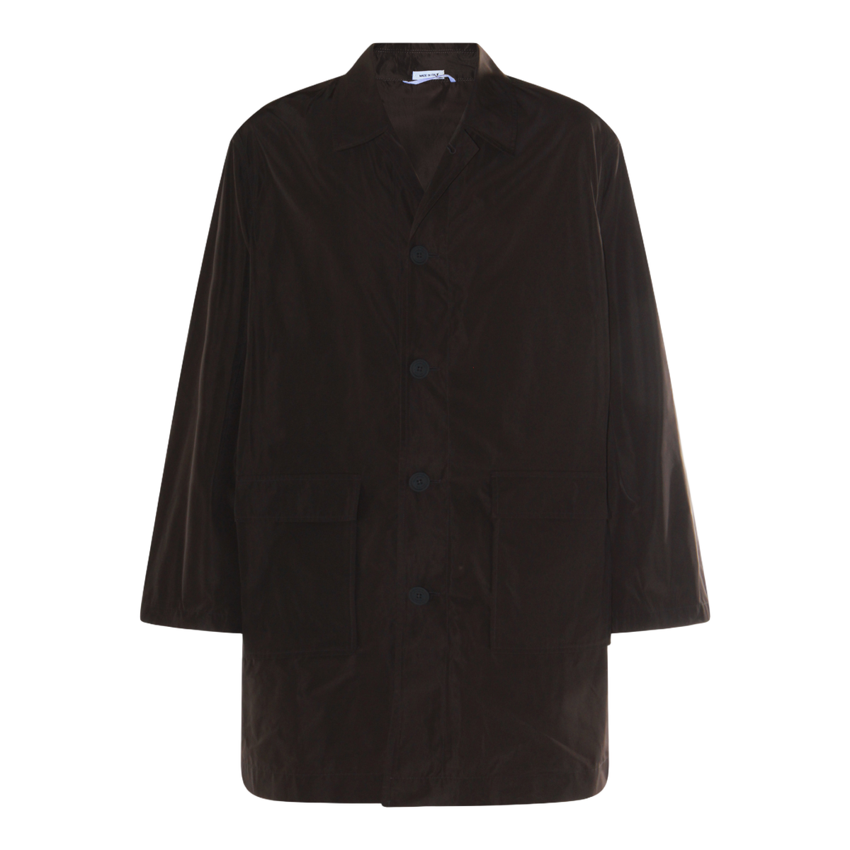 Thom Browne Straight-Cut Grey Coat with Bold Embroidered Logo Zwart