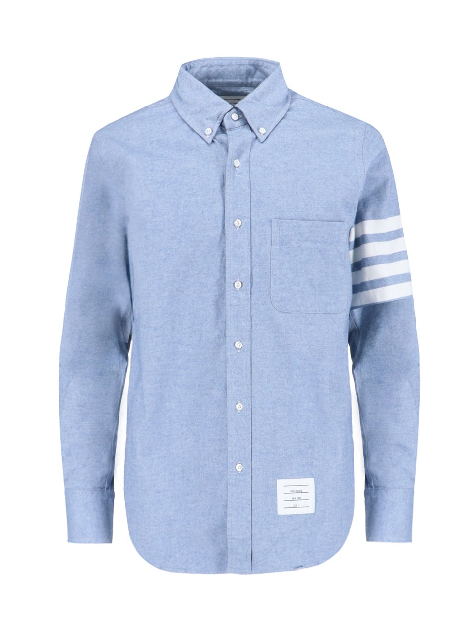 Thom Browne Light Blue Button-Down Shirt with Tricolor Tab and Signature Stripes Blauw