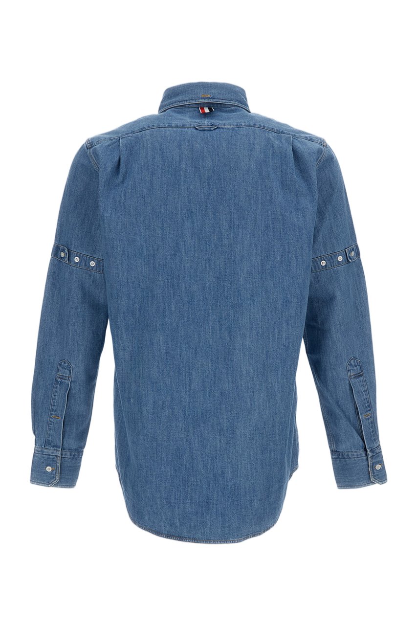 Thom Browne Blue Denim Armbands Curved Hem Casual Shirt Blauw