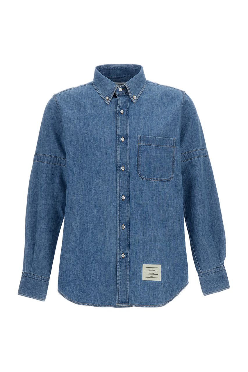 Thom Browne Blue Denim Armbands Curved Hem Casual Shirt Blauw