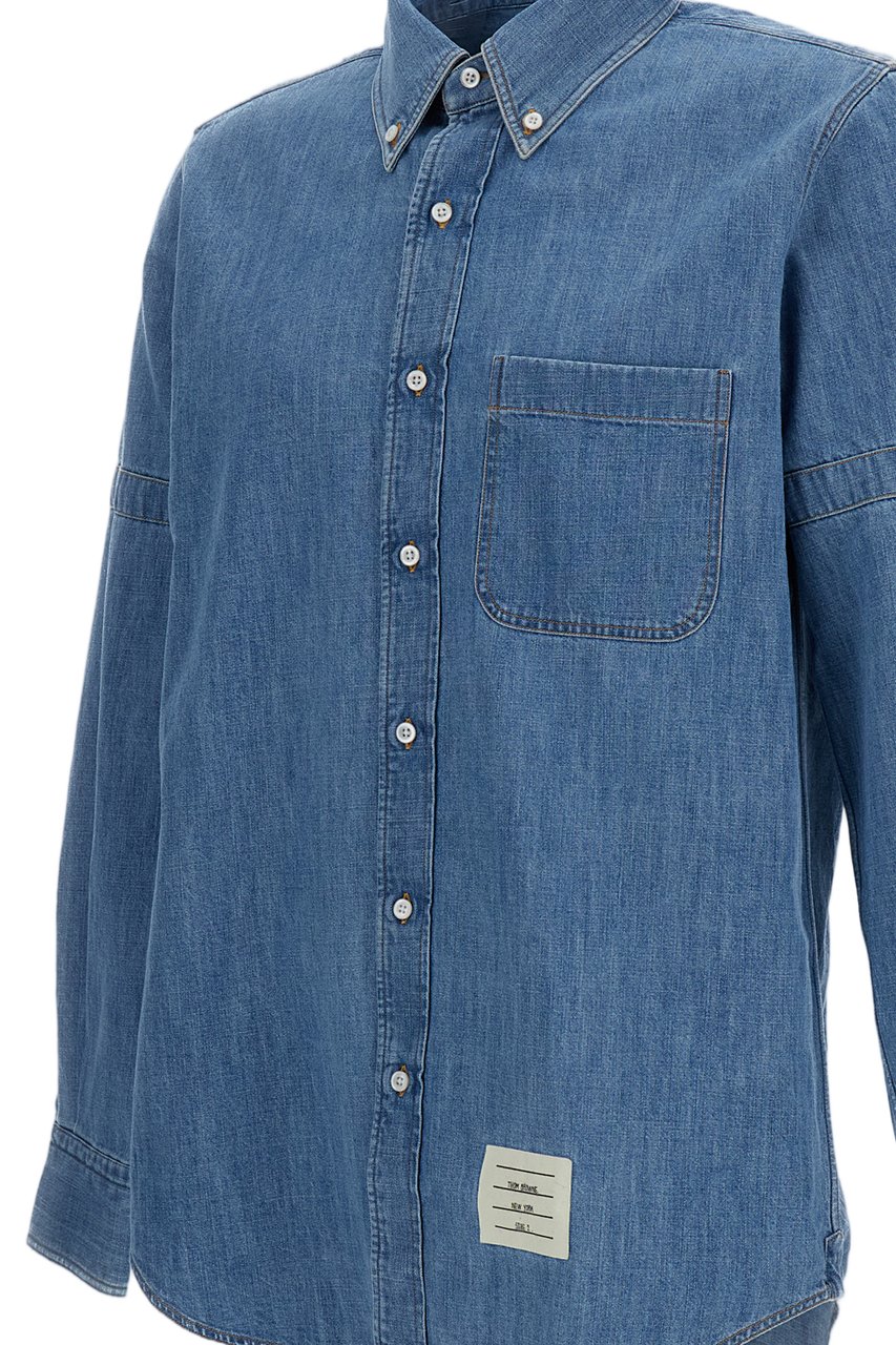 Thom Browne Blue Denim Armbands Curved Hem Casual Shirt Blauw