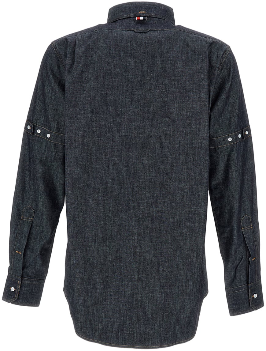 Thom Browne Dark Blue Denim Shirt with Multicolor Tab Detail Blauw