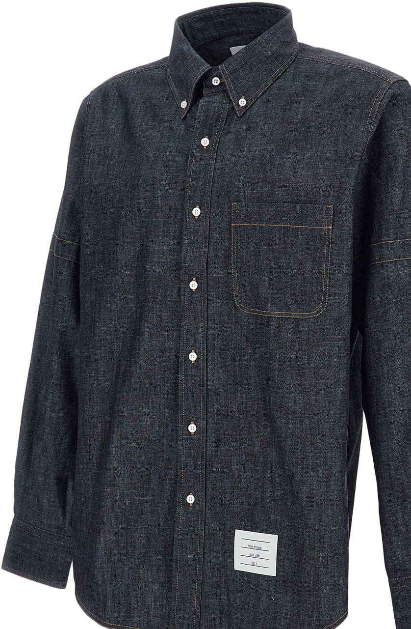 Thom Browne Dark Blue Denim Shirt with Multicolor Tab Detail Blauw