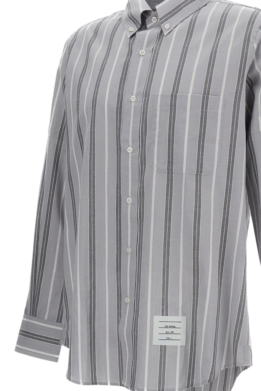 Thom Browne Relaxed Fit Striped Cotton Shirt with Pointed Collar Grijs