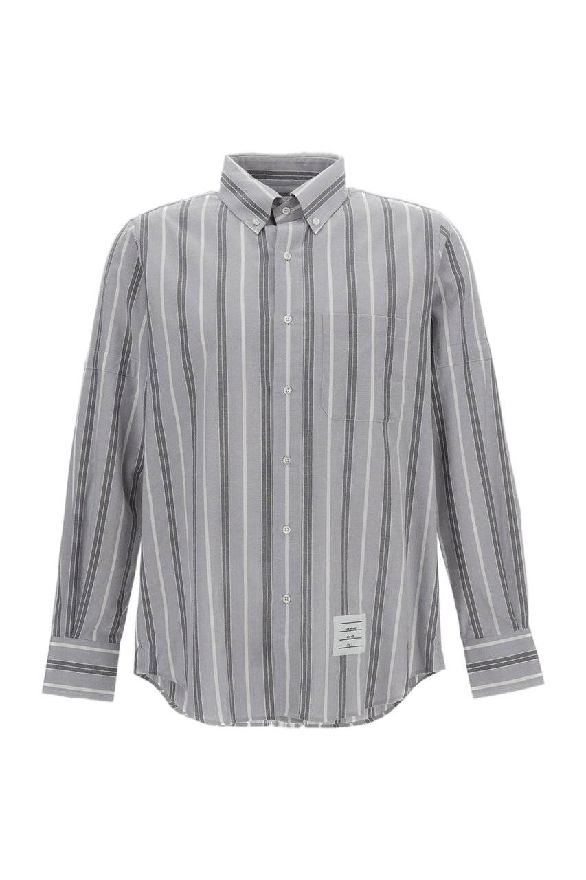 Thom Browne Relaxed Fit Striped Cotton Shirt with Pointed Collar Grijs