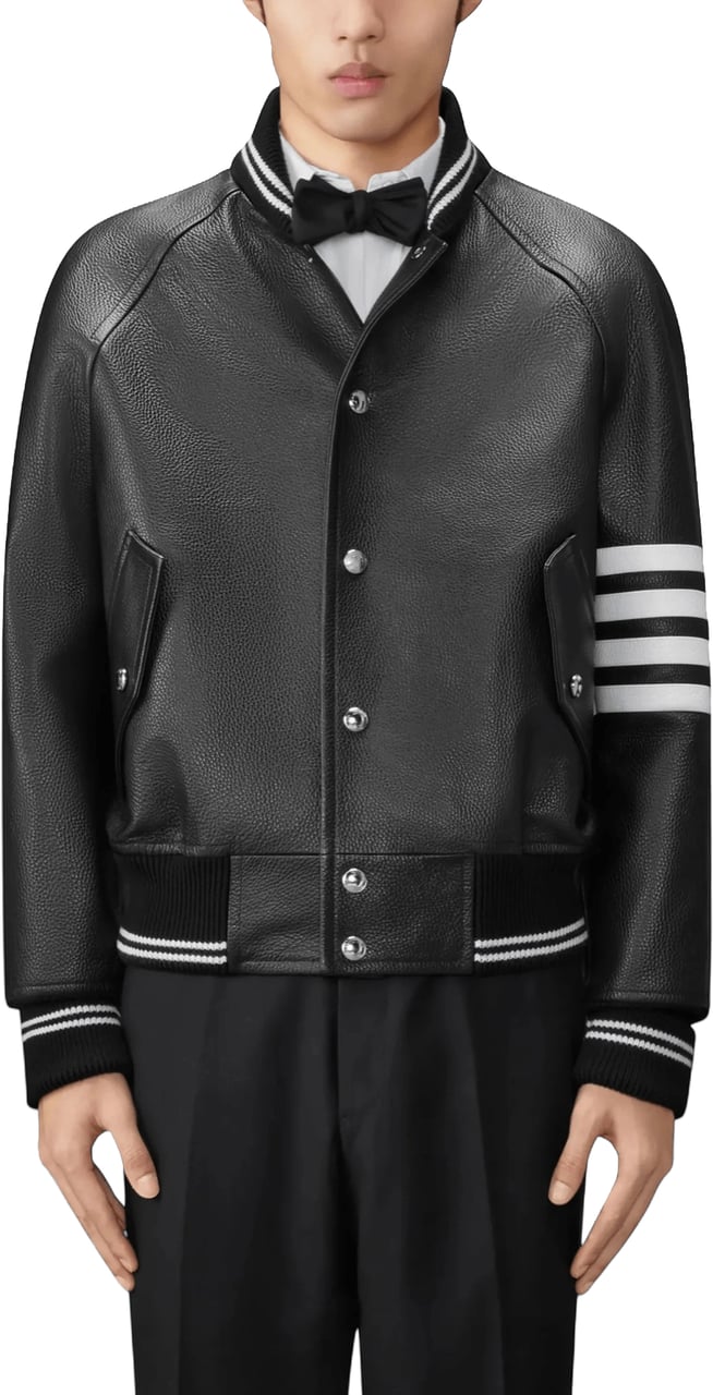 Thom Browne CALF LEATHER 4 BAR BOMBER JACKET Zwart