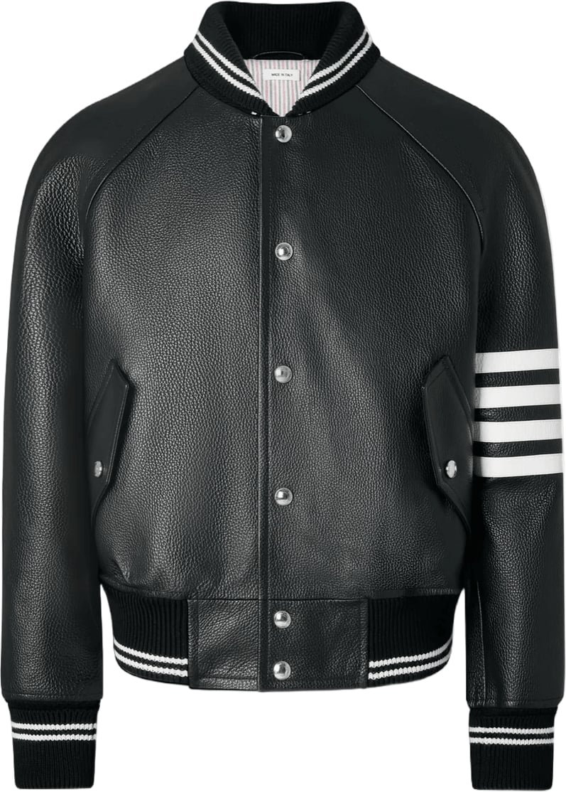 Thom Browne CALF LEATHER 4 BAR BOMBER JACKET Zwart