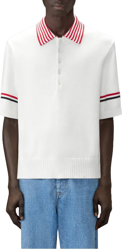 Thom Browne SAILBOAT JERSEY STITCH RWB STRIPE RUGBY POLO SHIRT Wit