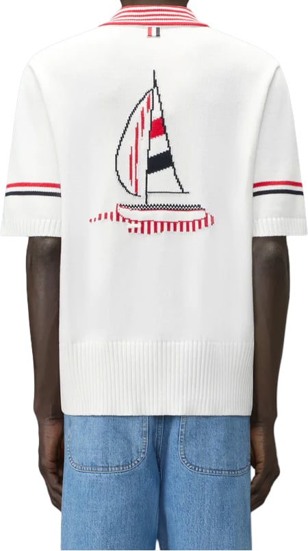 Thom Browne SAILBOAT JERSEY STITCH RWB STRIPE RUGBY POLO SHIRT Wit