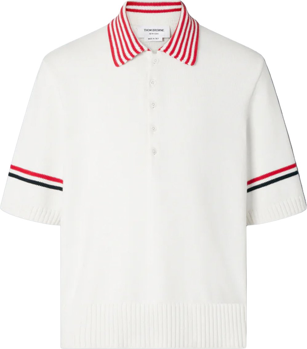 Thom Browne SAILBOAT JERSEY STITCH RWB STRIPE RUGBY POLO SHIRT Wit