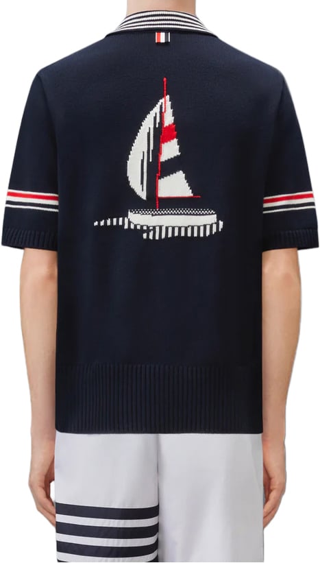 Thom Browne SAILBOAT JERSEY STITCH RWB STRIPE RUGBY POLO SHIRT Navy