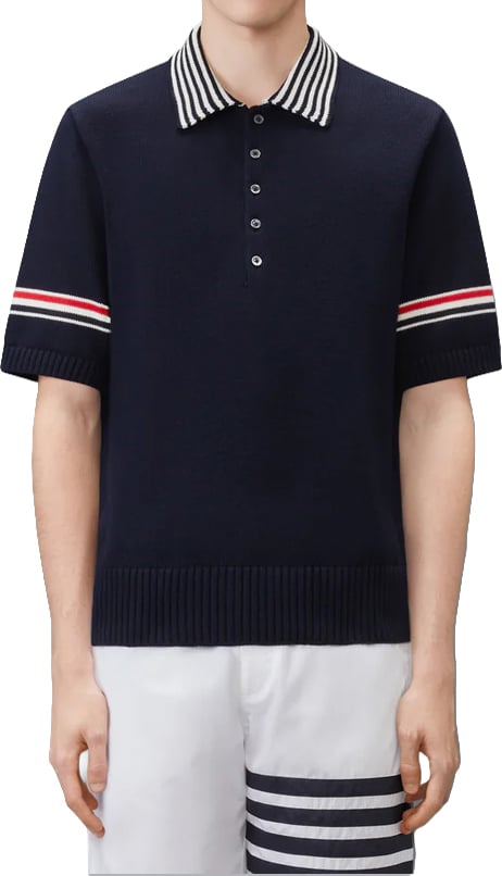 Thom Browne SAILBOAT JERSEY STITCH RWB STRIPE RUGBY POLO SHIRT Navy