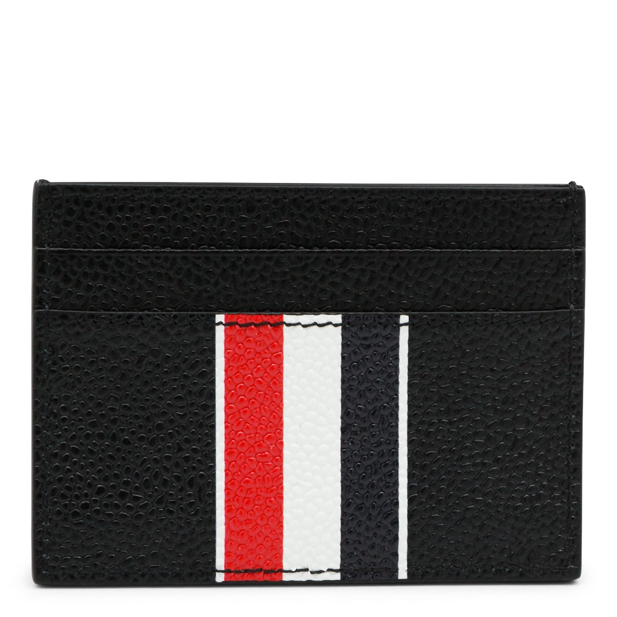 Thom Browne Textured Black Card Holder with Tricolor Stripe Accents Zwart
