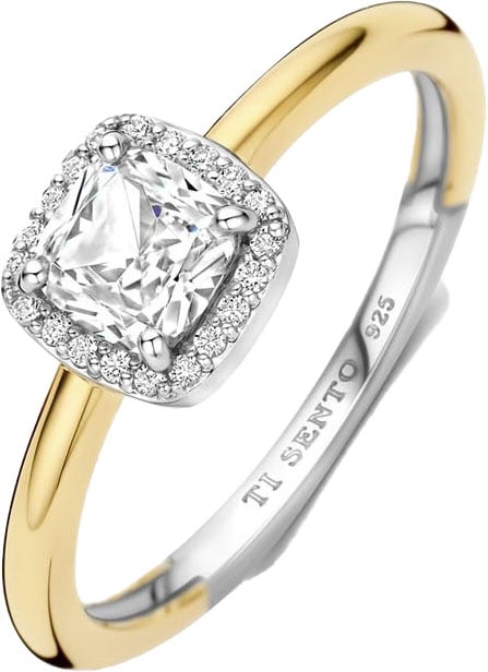 Ti Sento Ti Sento Ring 12388ZY/54 Zilver met 14k Geelgouden Plating Zirkonia Omringd met Pave Steentjes Goud