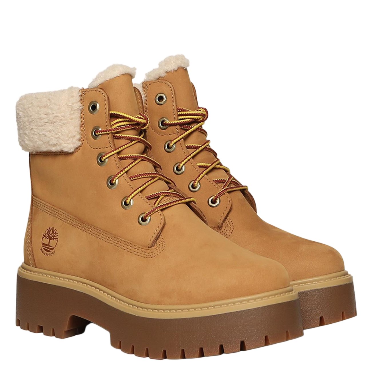 Timberland Round Toe Leather Ankle Boots With Teddy Fleece Collar Bruin