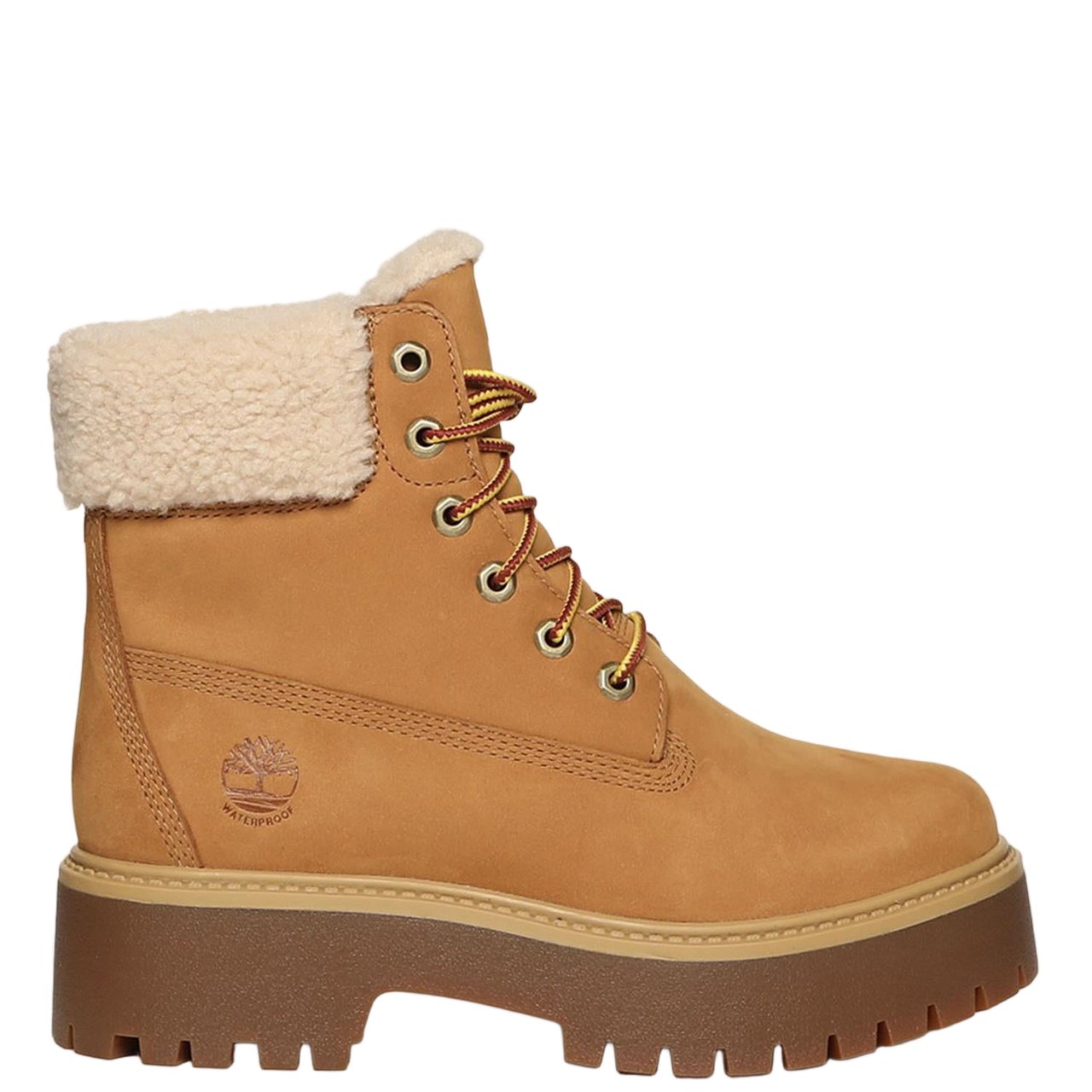 Timberland Round Toe Leather Ankle Boots With Teddy Fleece Collar Bruin
