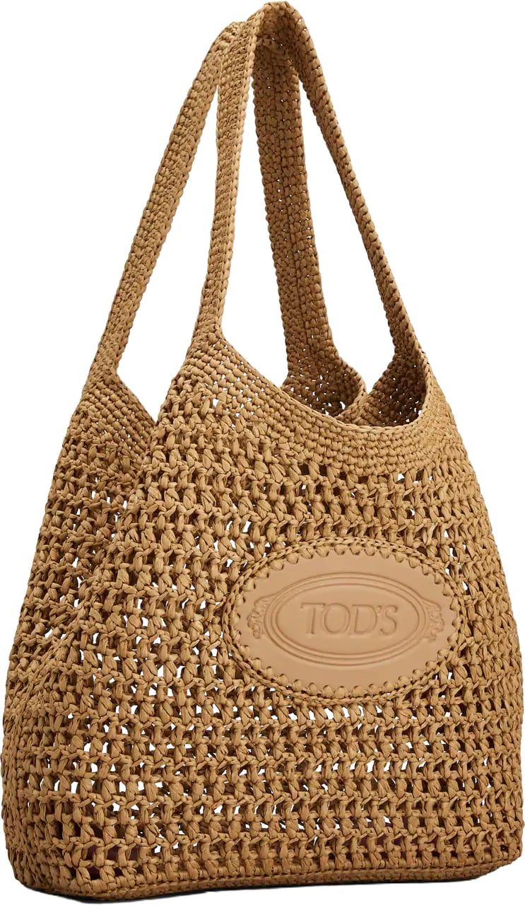 Tod's Medium Woven Tote Bag with Leather Logo Patch Bruin