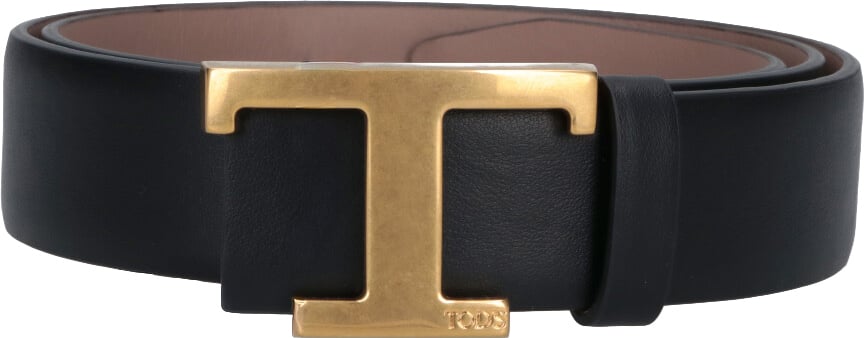 Tod's Reversible Calf Leather Belt With Gold-Tone Logo Buckle Zwart
