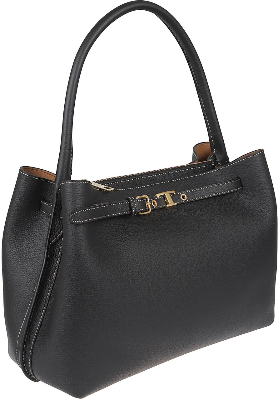Tod's Structured Handbag In Textured Black Leather Grijs