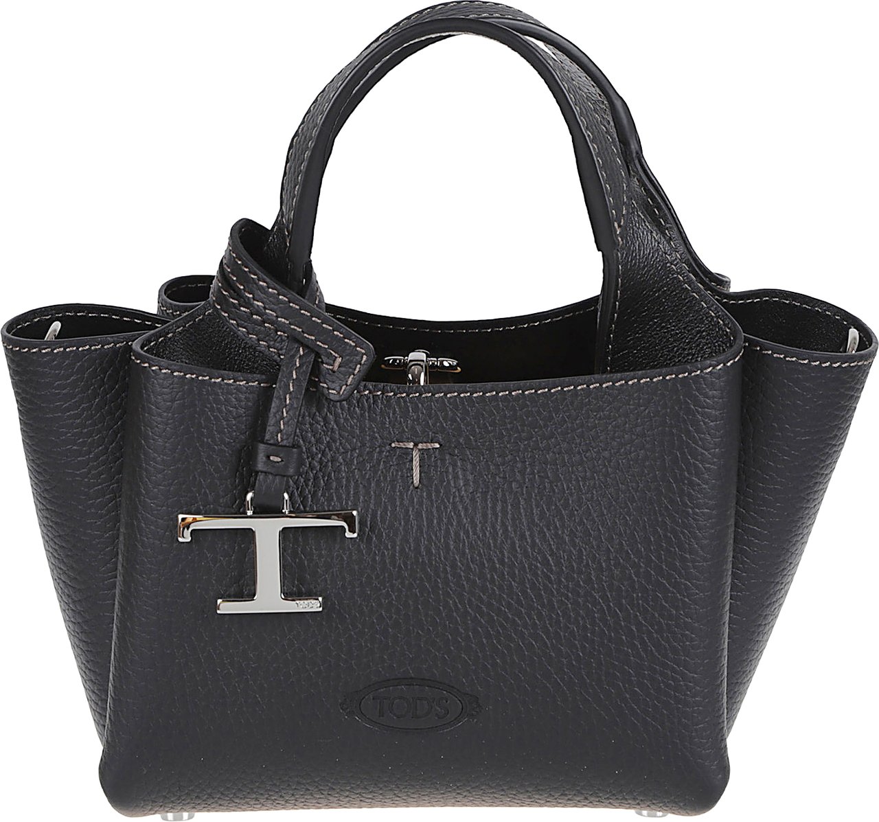 Tod's Textured Calfskin Handbag with Embossed Logo Zwart