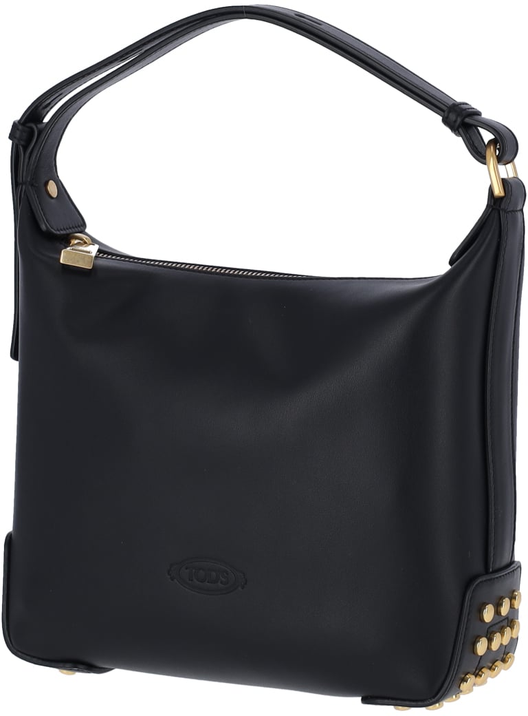 Tod's Black Metal Dots Calf Leather Shoulder Bag Zwart
