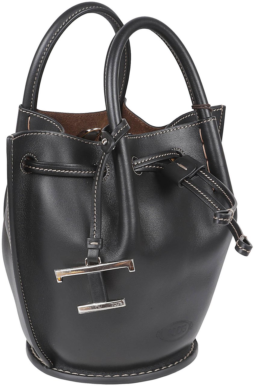 Tod's Structured Black Calfskin Bag with Drawstring Closure Zwart