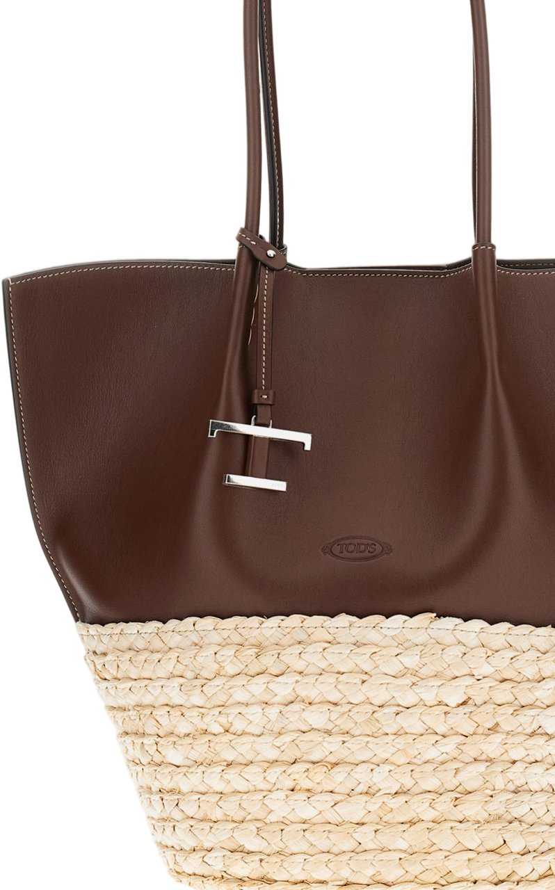 Tod's Medium Leather And Straw Shopping Bag With Removable Metal Charm Bruin
