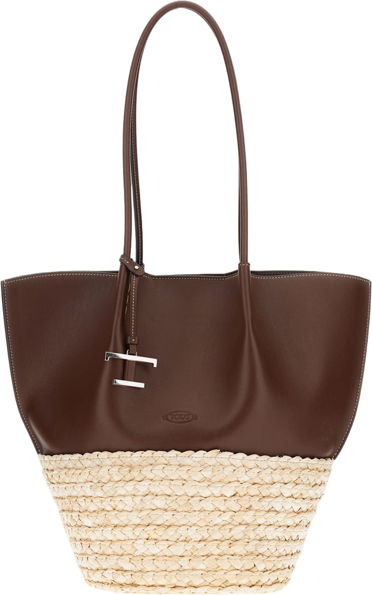 Tod's Medium Leather And Straw Shopping Bag With Removable Metal Charm Bruin