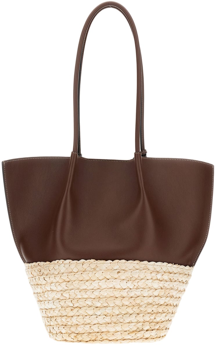 Tod's Medium Leather And Straw Shopping Bag With Removable Metal Charm Bruin