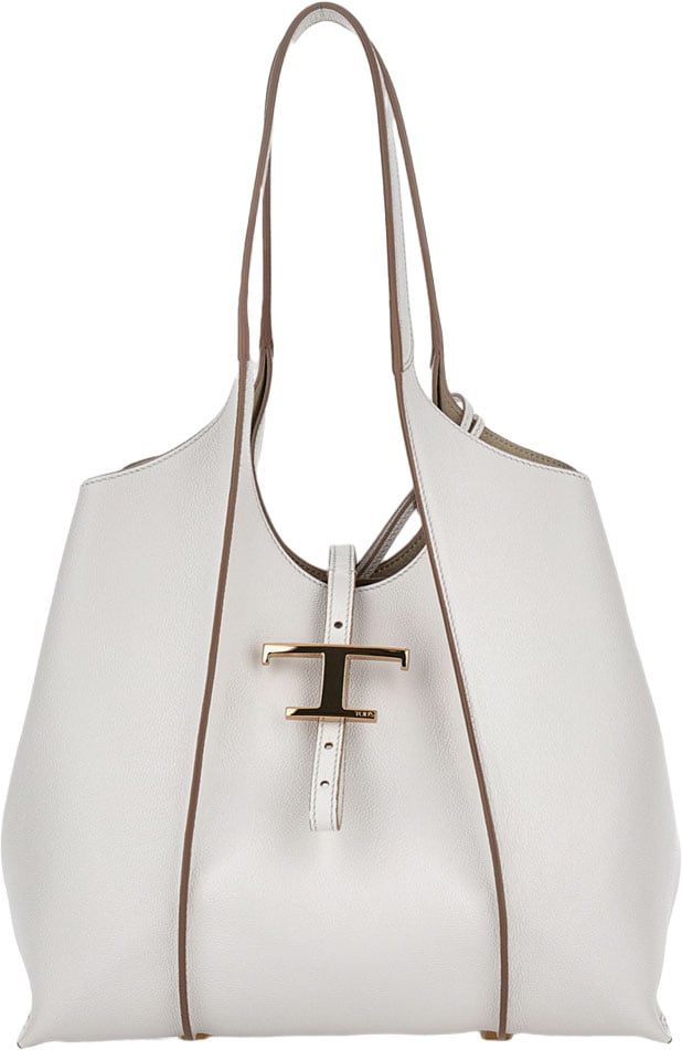 Tod's Structured White Leather Shopping Bag with T Timeless Pendant Wit