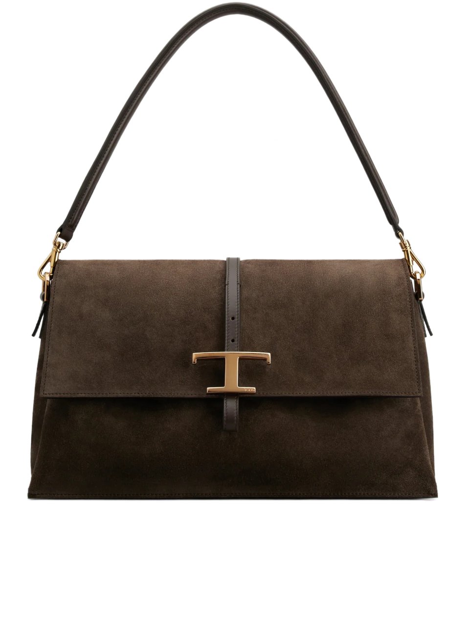 Tod's Deep Brown Suede Buckle Shoulder Bag Zwart