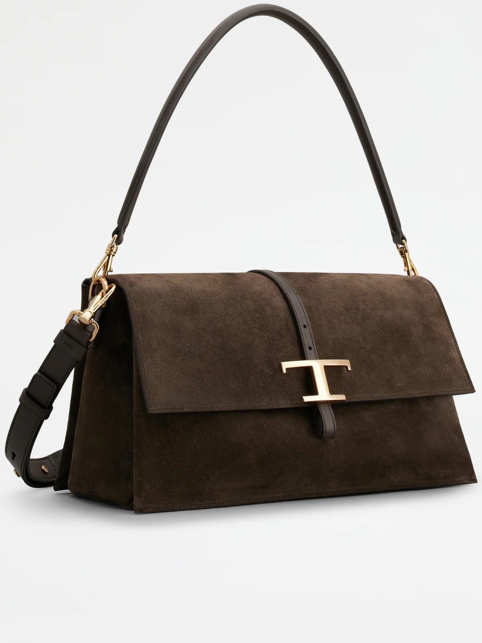 Tod's Deep Brown Suede Buckle Shoulder Bag Zwart