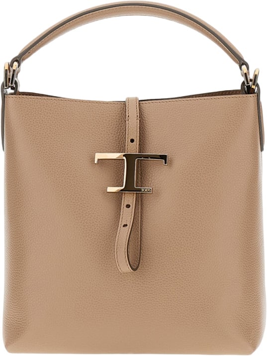Tod's Timeless Mini Bucket Bag with Structured Shape and 'T' Pendant Neutraal