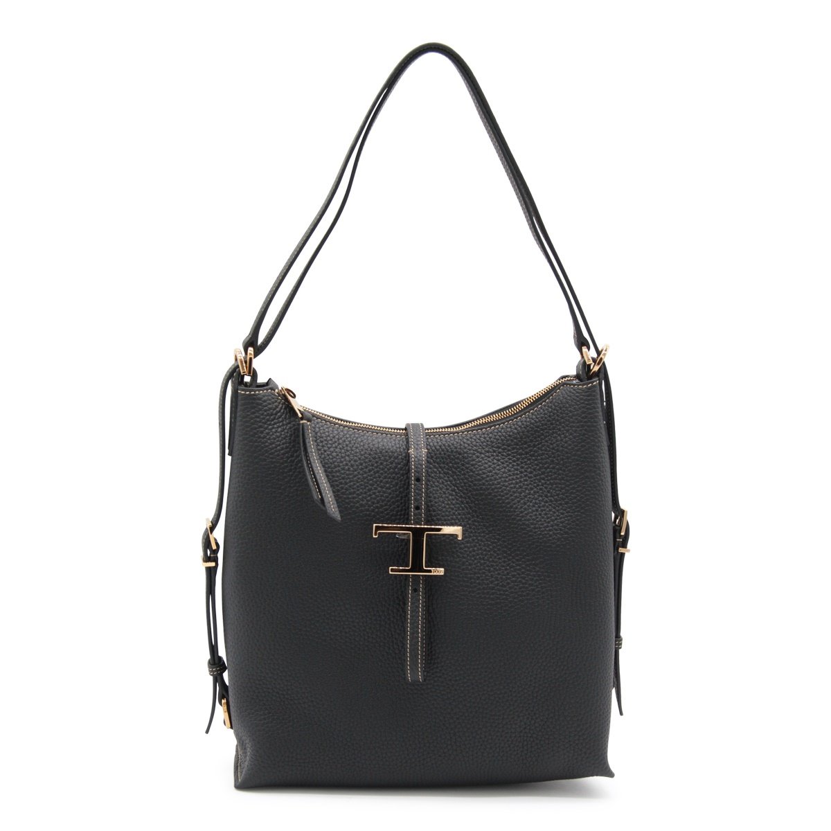 Tod's Pebbled Leather Shoulder Bag with T-Shaped Clasp Zwart