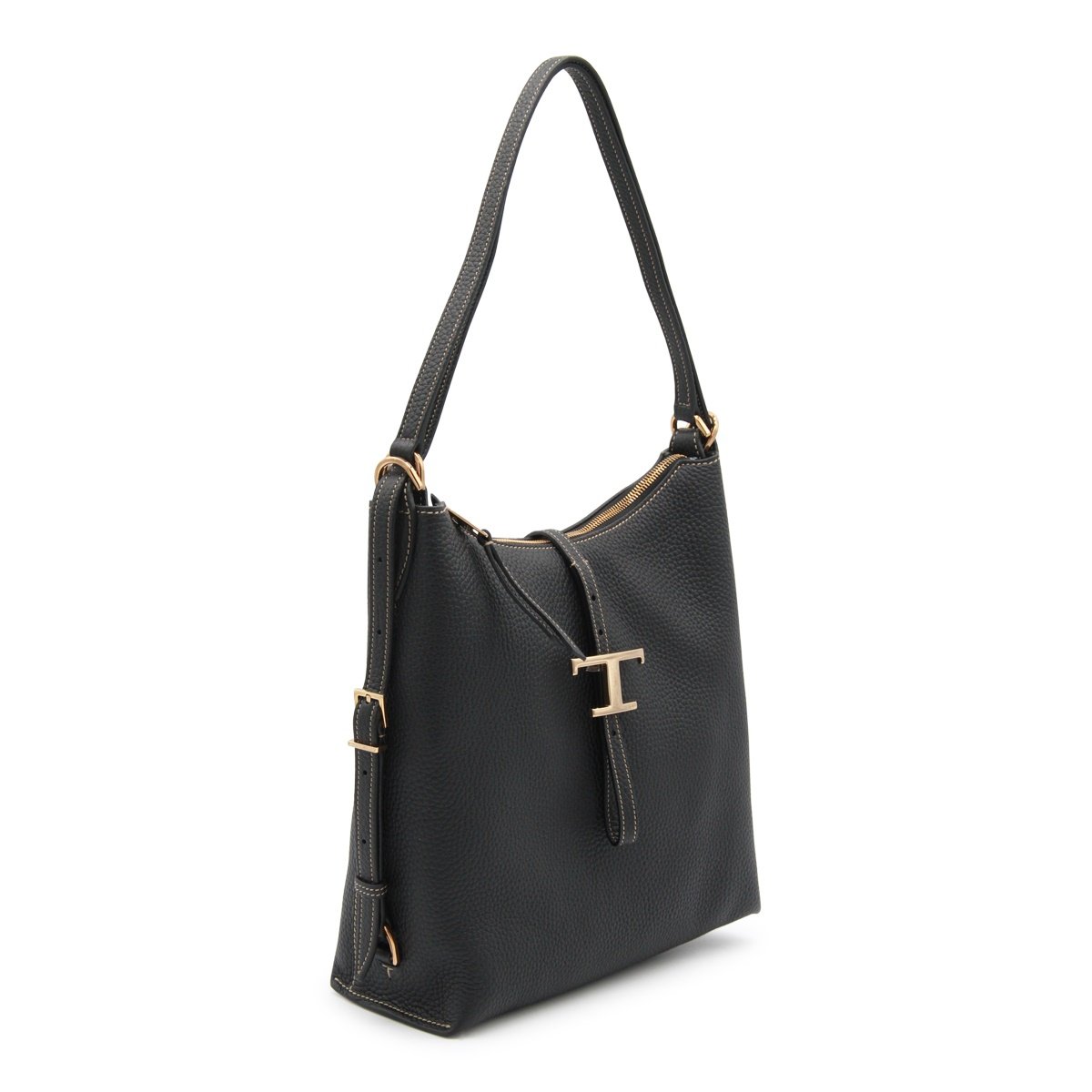 Tod's Pebbled Leather Shoulder Bag with T-Shaped Clasp Zwart