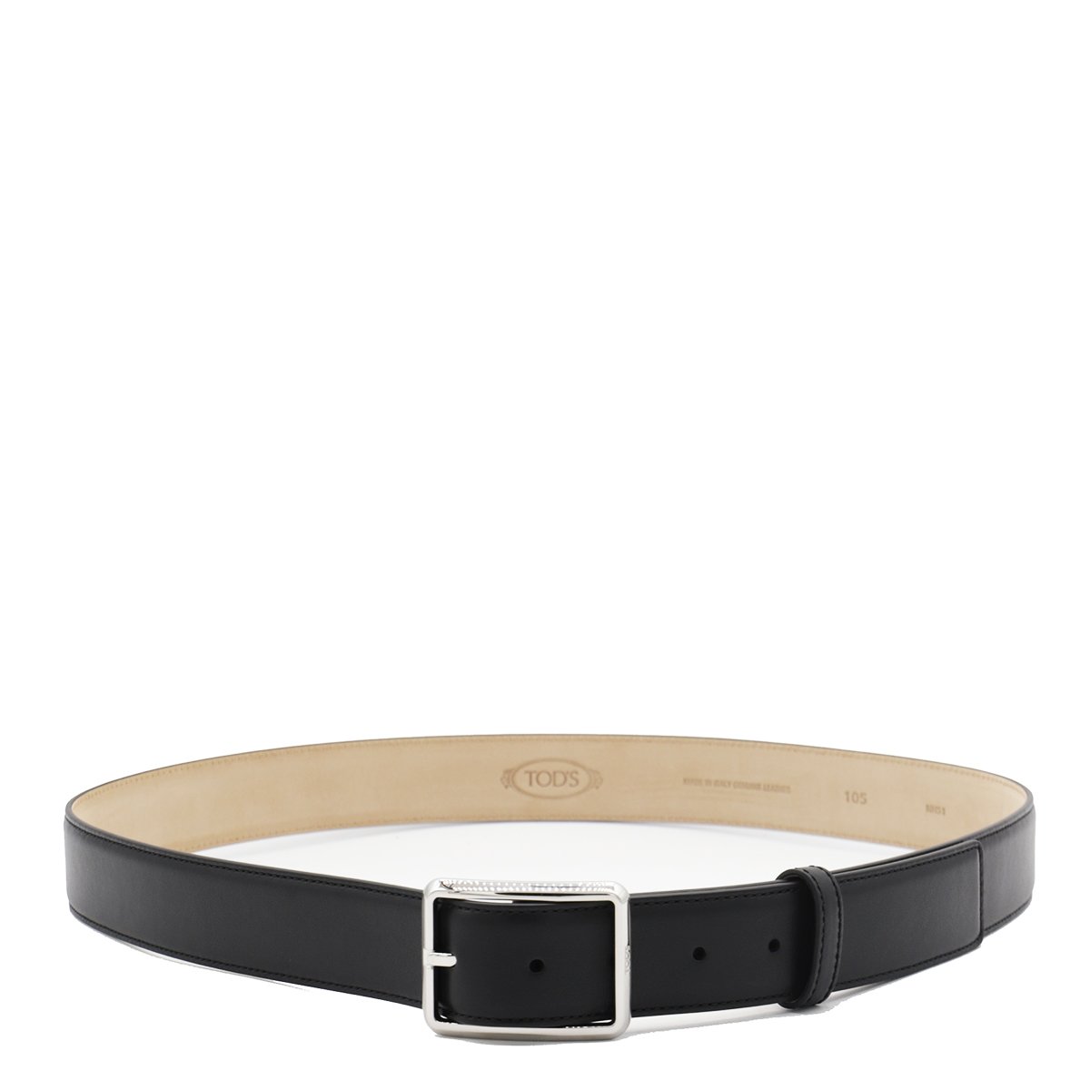 Tod's Black Leather Belt with Silver-tone Buckle Zwart
