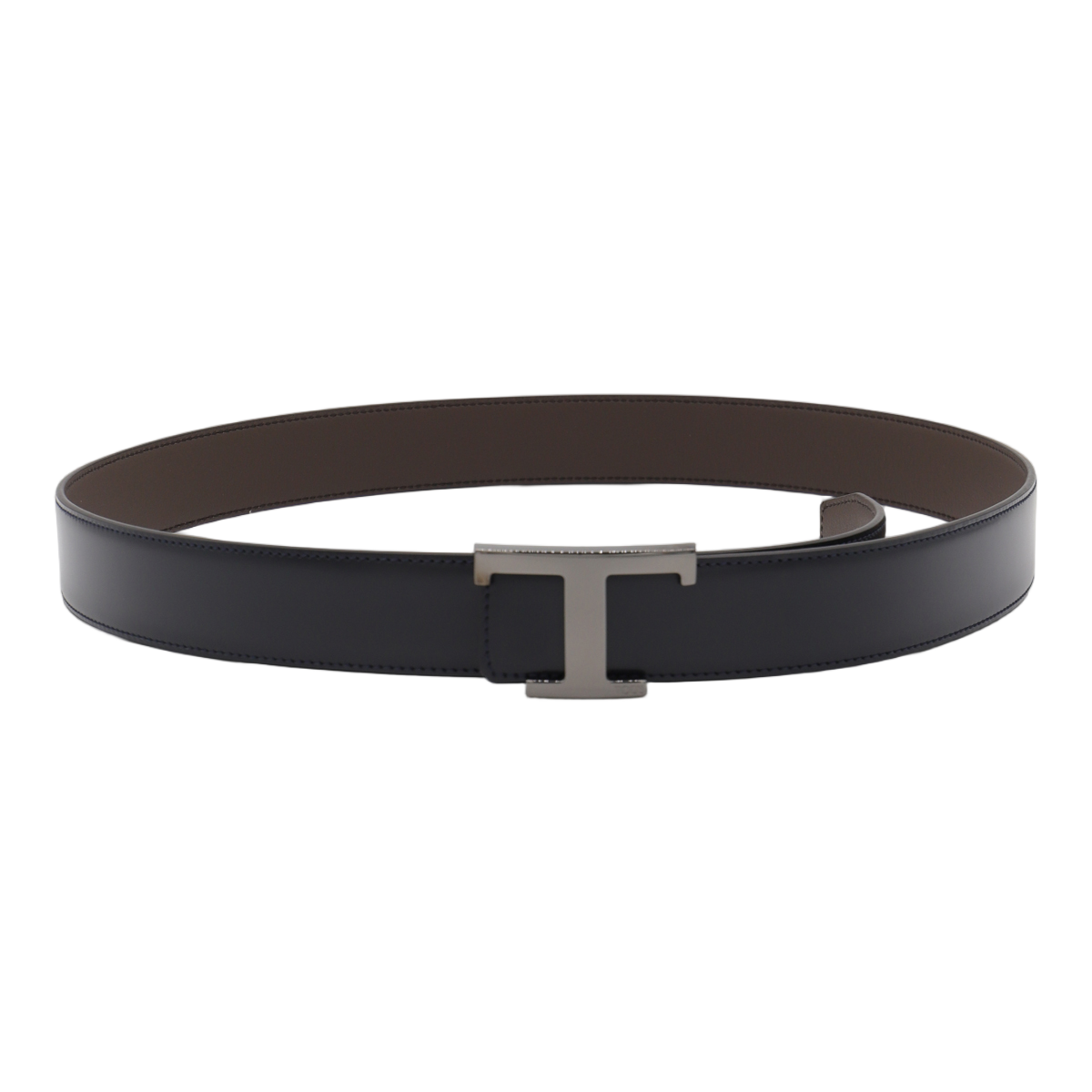 Tod's Black Leather Belt with Polished 'T' Buckle Zwart