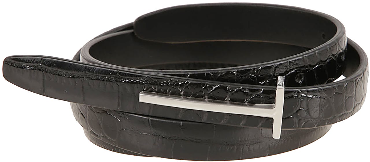 Tom Ford Textured Calfskin Belt with Silver-tone Buckle Rood