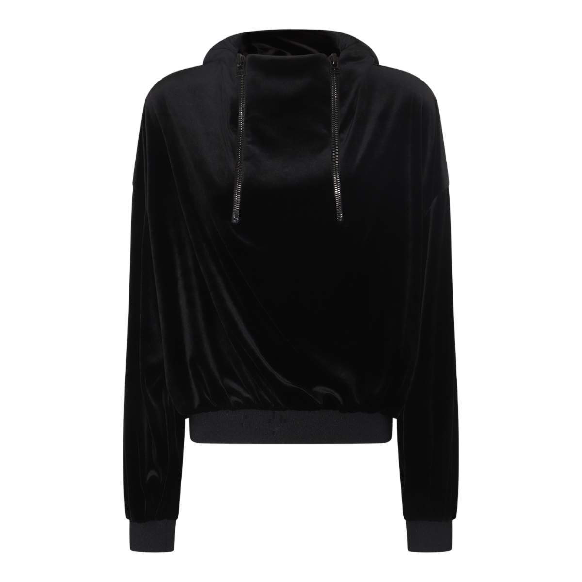 Tom Ford Relaxed Fit Black Velvet Sweater With High Neckline And Drawstring Detail Zwart