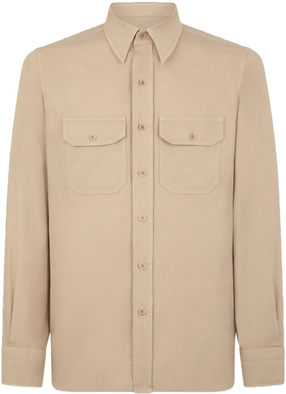 Tom Ford katoen-linnen lichtblauwe militaire pasvorm overhemd beige Beige